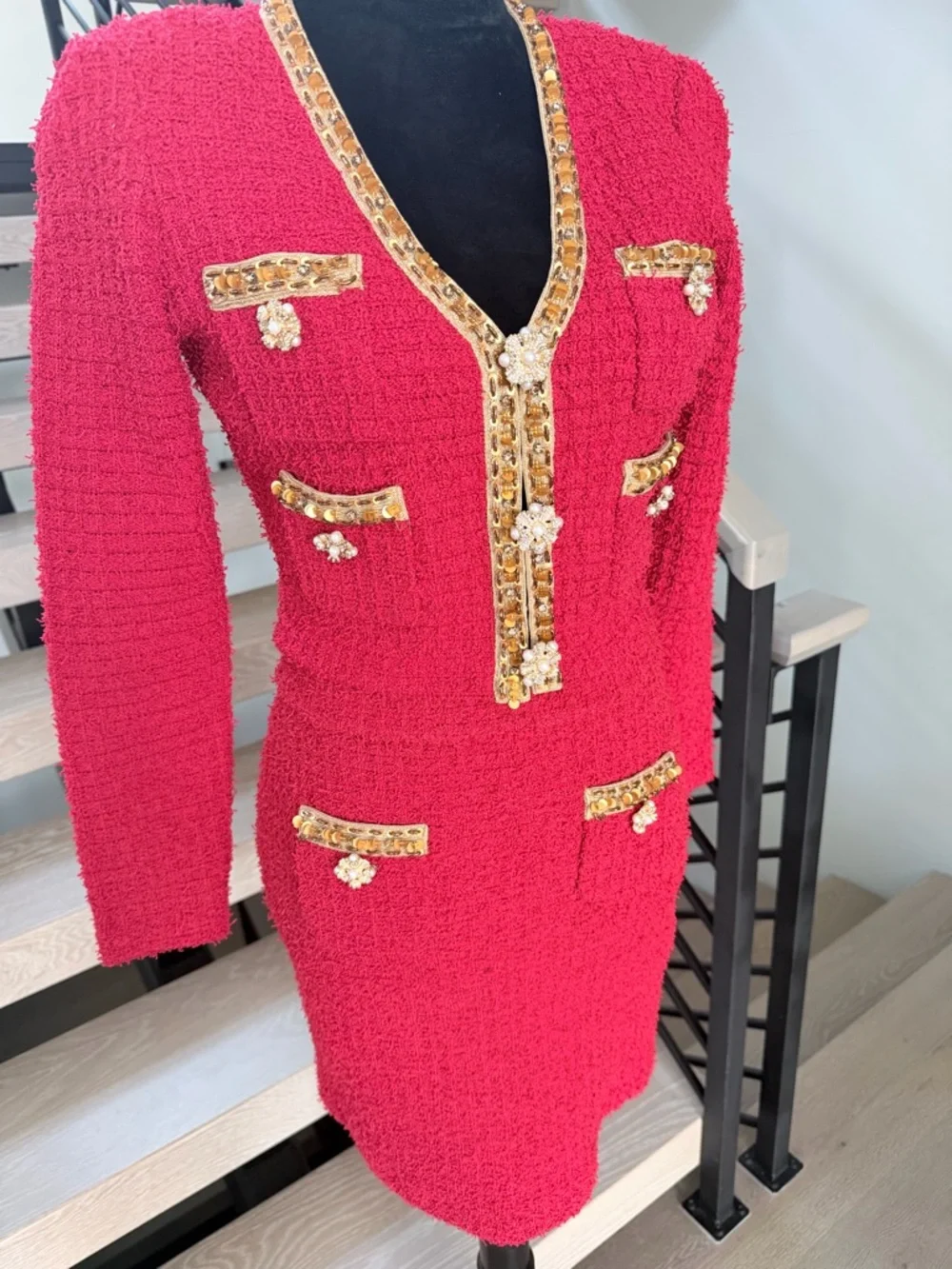 New Self portrait Red Tweed Two-Piece Skirt Set with Gold Trim size S - Picture 9 of 15
